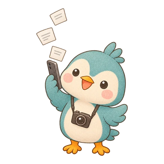スマホに向かって喋るぽんちゃん。スマホから文字のカードが飛び出している