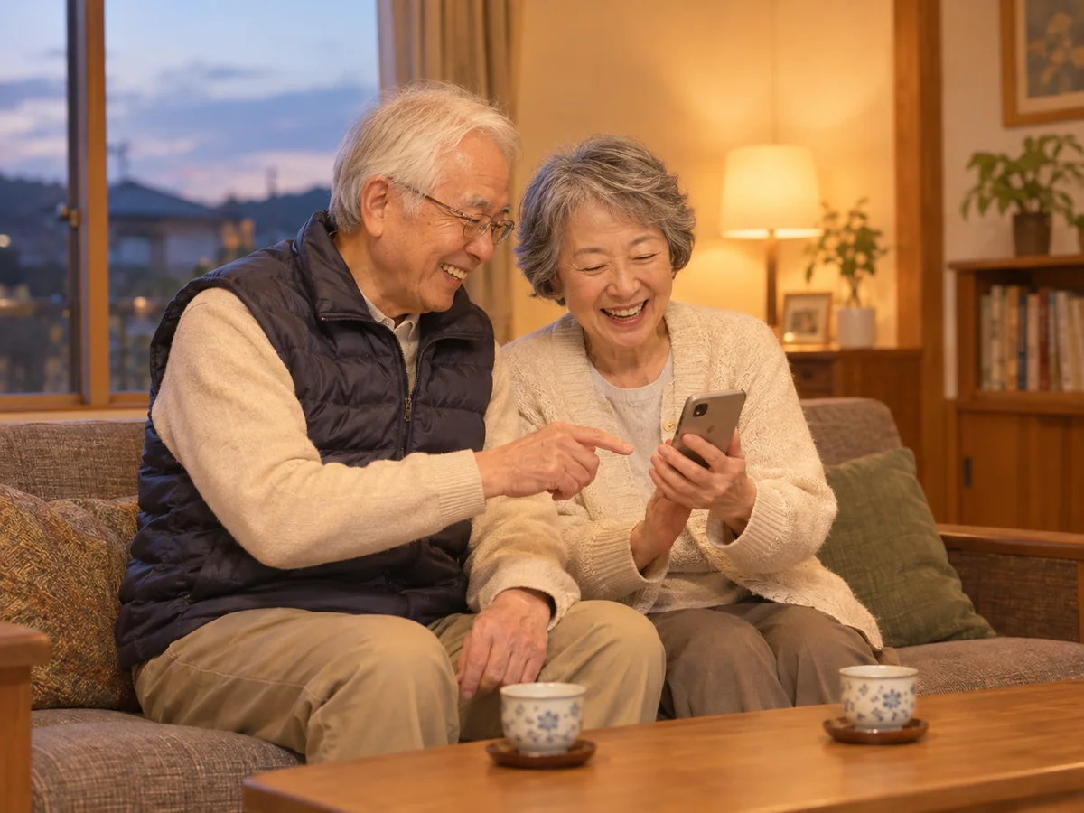 居間のソファで、スマホを一緒にのぞき込んで笑うご夫婦