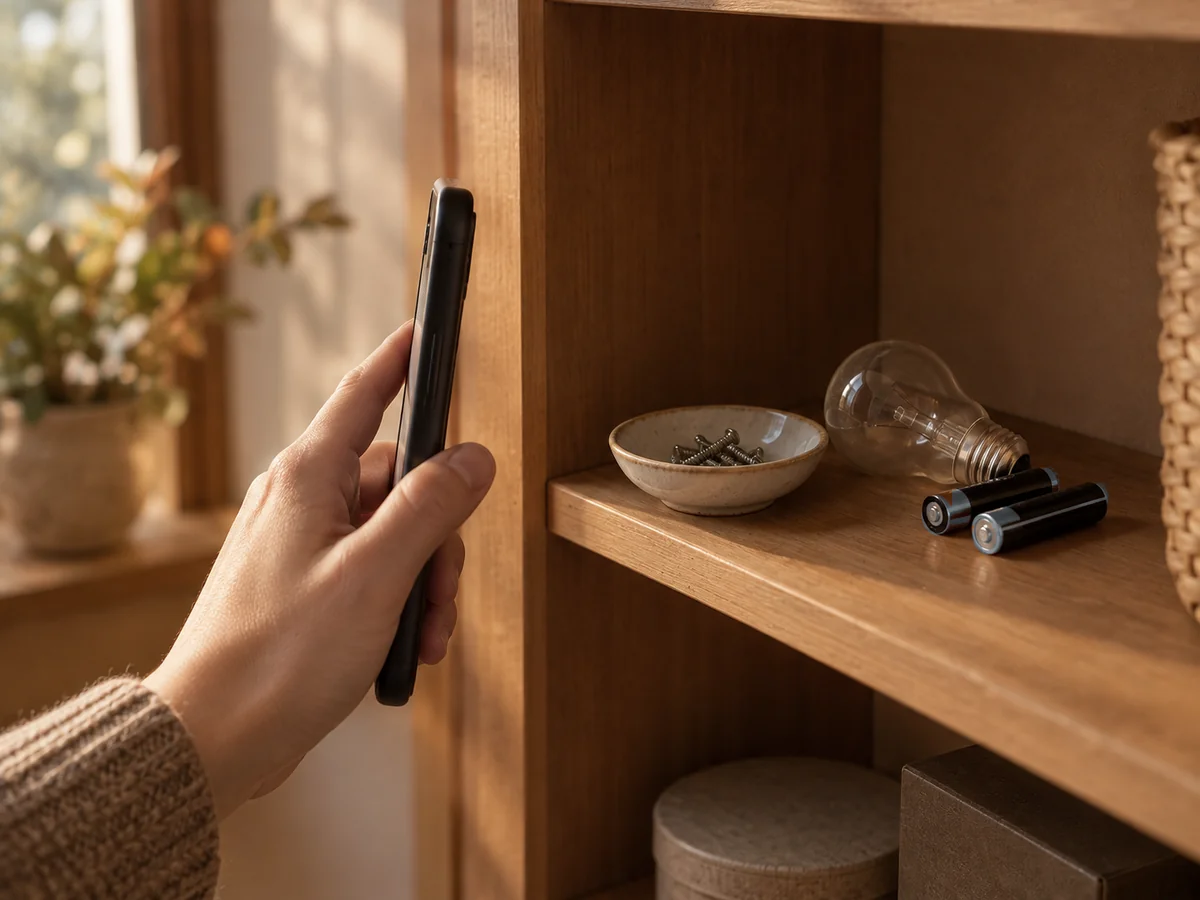 棚の小さな部品（ねじ・電球・電池）をスマホで撮ろうとしている手元