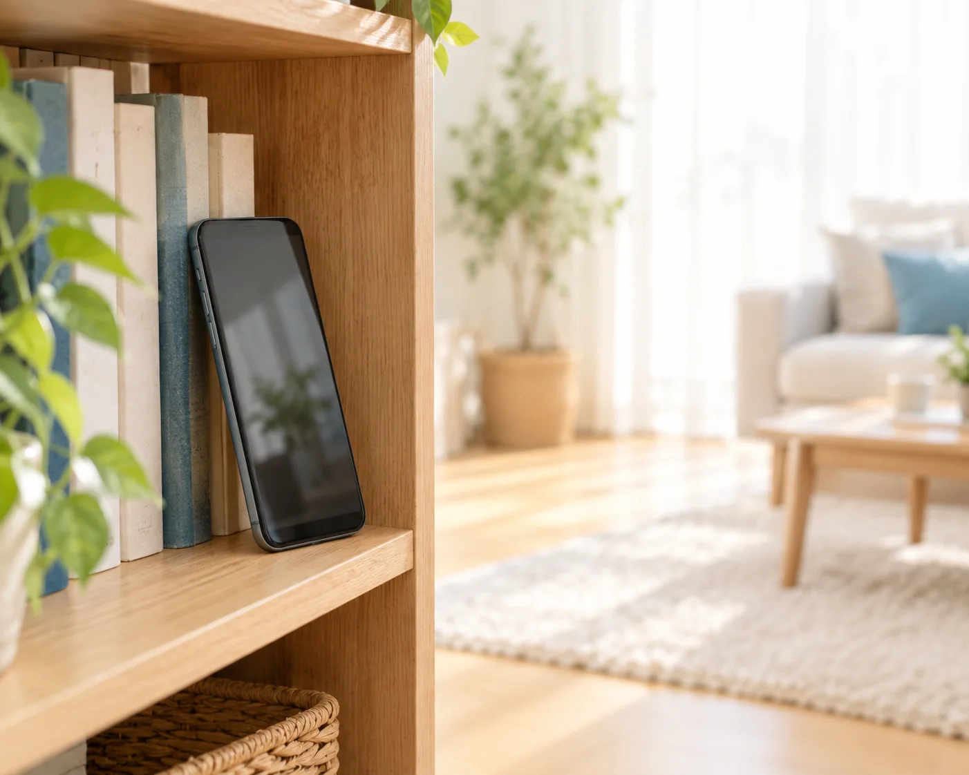 本棚の本に立てかけて置いたスマートフォン。三脚などの道具は使っていません。