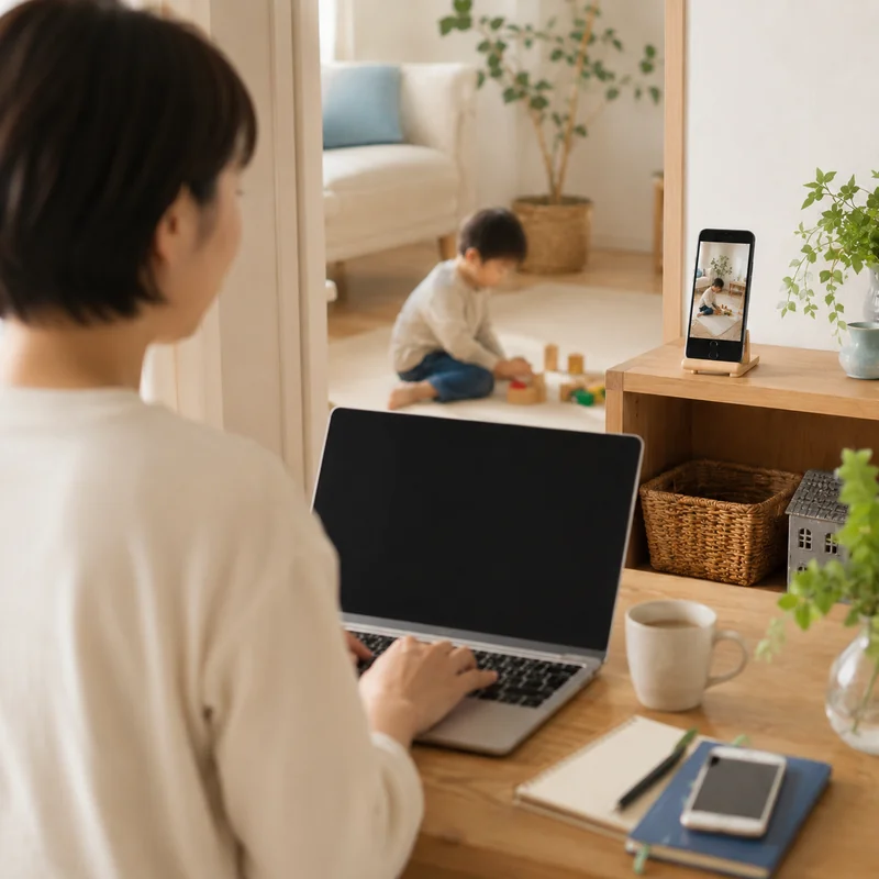 在宅ワーク中に別の部屋を見守るイメージ